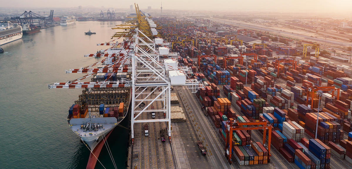 Ship for container with working crane bridge in shipyard for Log