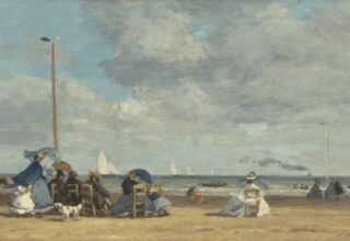 Peinture impressioniste d'une côte Normande. Sont représentés des estivants, assis sur des chaises et contemplant la mer, sur laquelle voguent des voiliers.