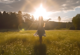 Femme marchant dans l'herbe haute