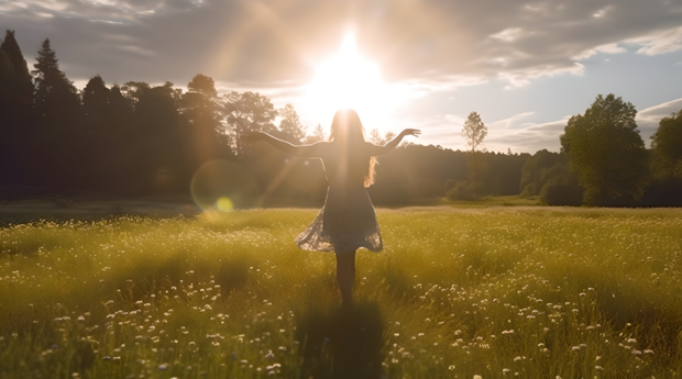 Femme marchant dans l'herbe haute