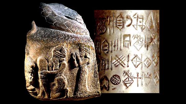 Inscriptions en élamite linéaire ; à gauche, texte du roi Puzur-Sushinak (22e siècle av. J.-C.), Suse, Musée du Louvre ; à droite, texte du roi Pala-ishan (vers 1900 av. J.-C.), collection Mahboubian