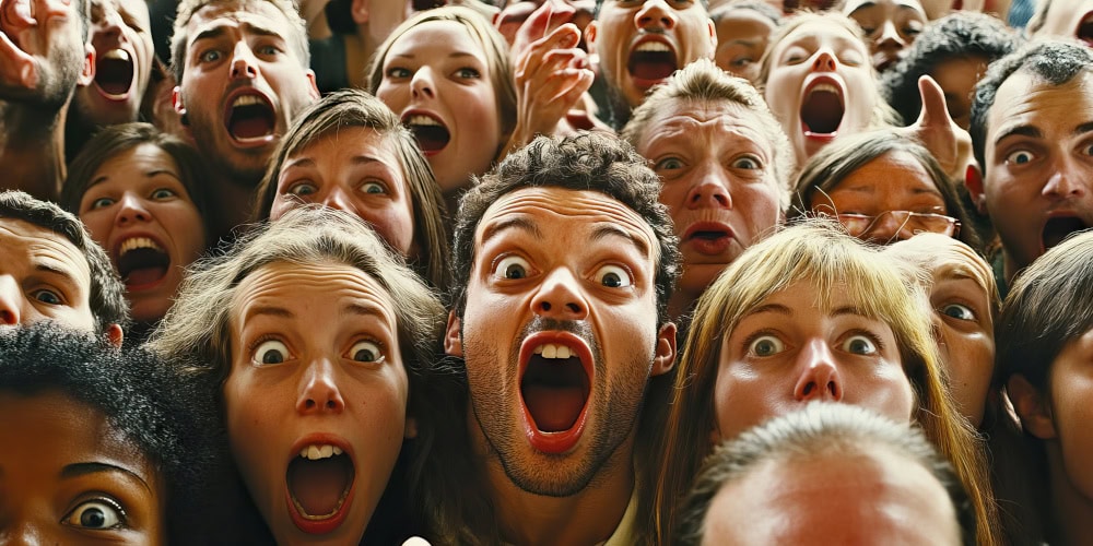 The Raging Sea of Emotions: A crowd of diverse faces expressing a range of intense emotions, all converging on a central focal point. Par Lila Patel - AdobeStock